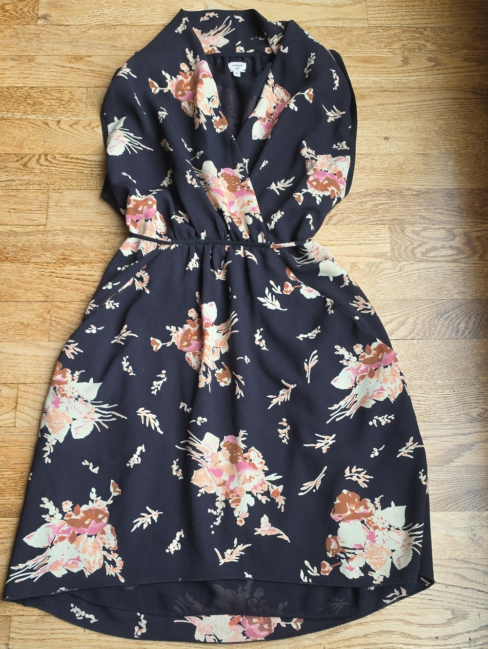 (S) Wilfred Black High-Low Floral Faux Wrap Dress Pockets Vacation Evening